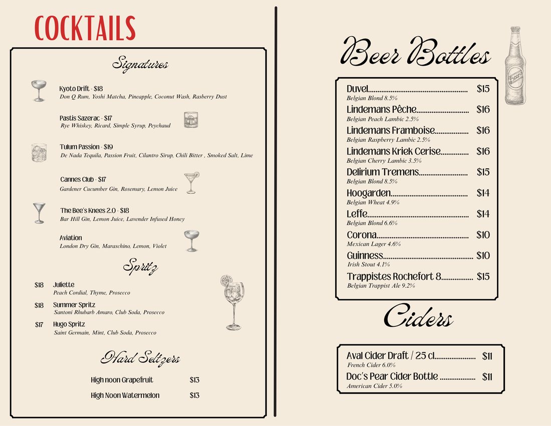 Cocktails menu