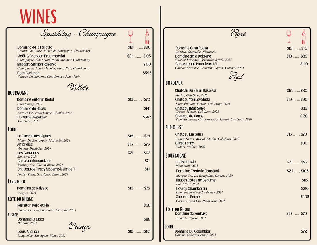 Wines menu